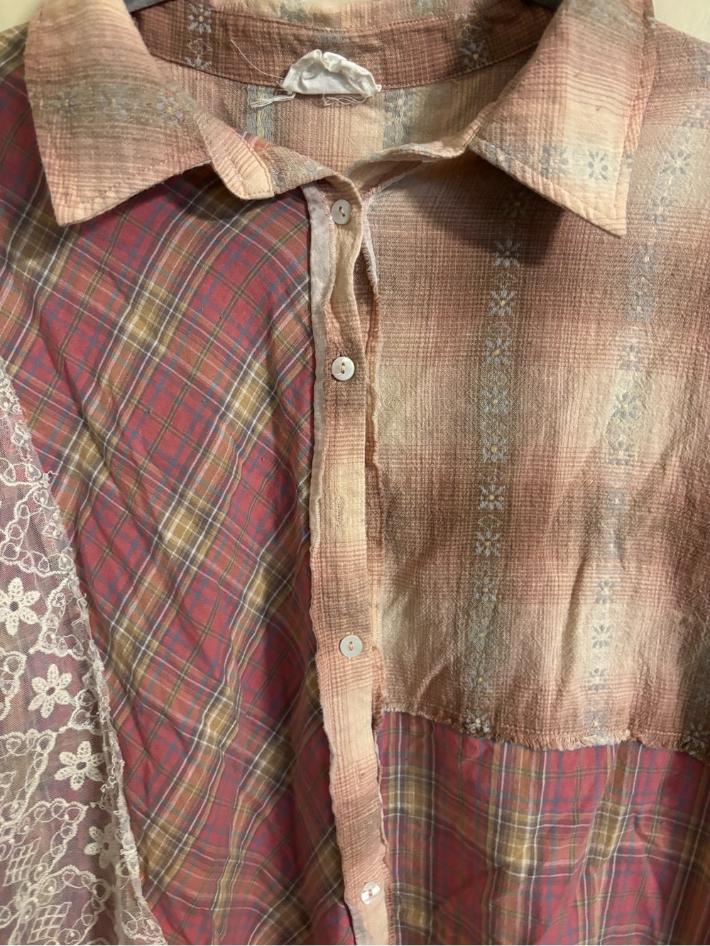 Andree by Unit Patchwork Oversized Pink Plaid Button Up Shirt Size 1X - Picture 6 of 6